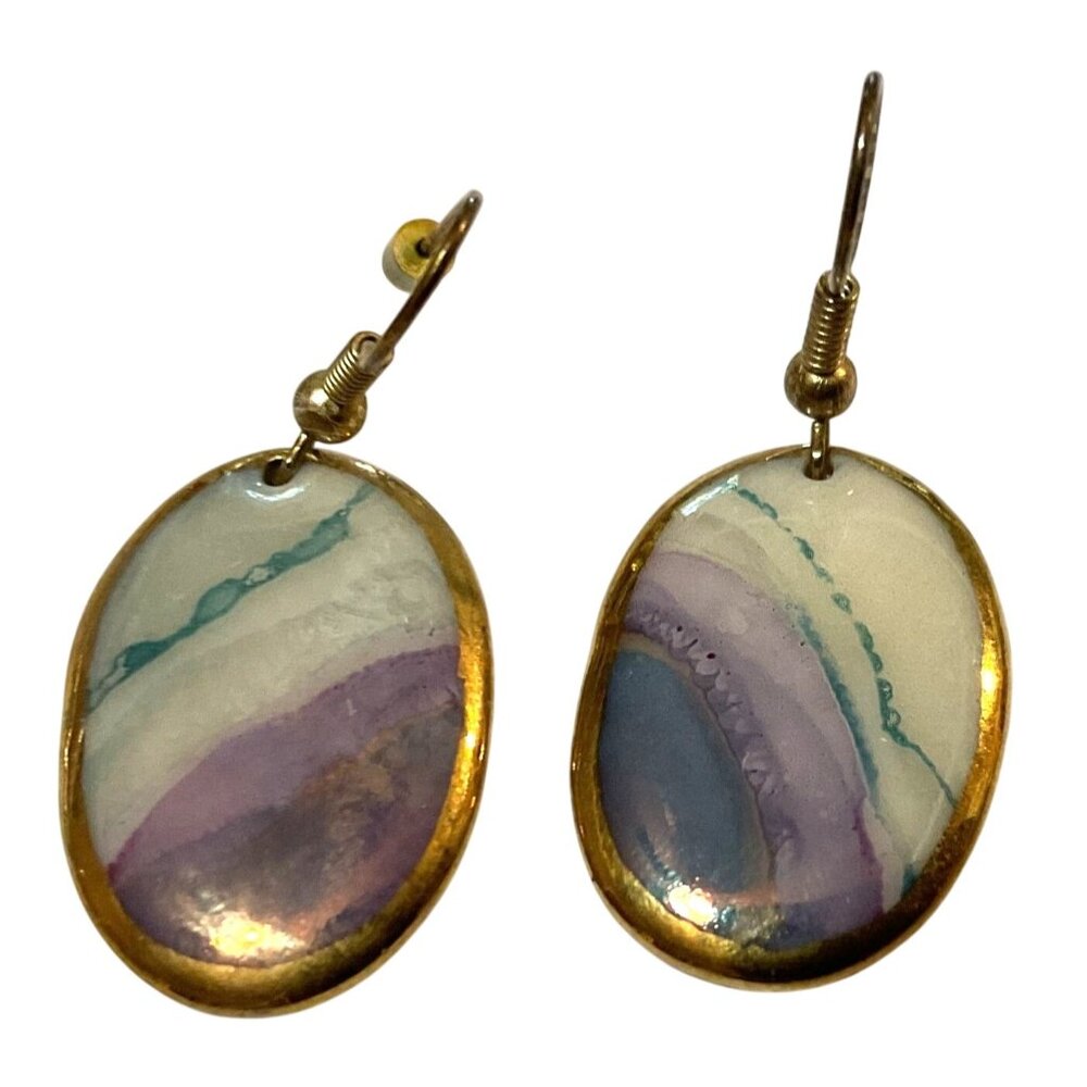 Polished Stone Dangle Earrings Gold Tone Bezel Purple White Womens .5" W